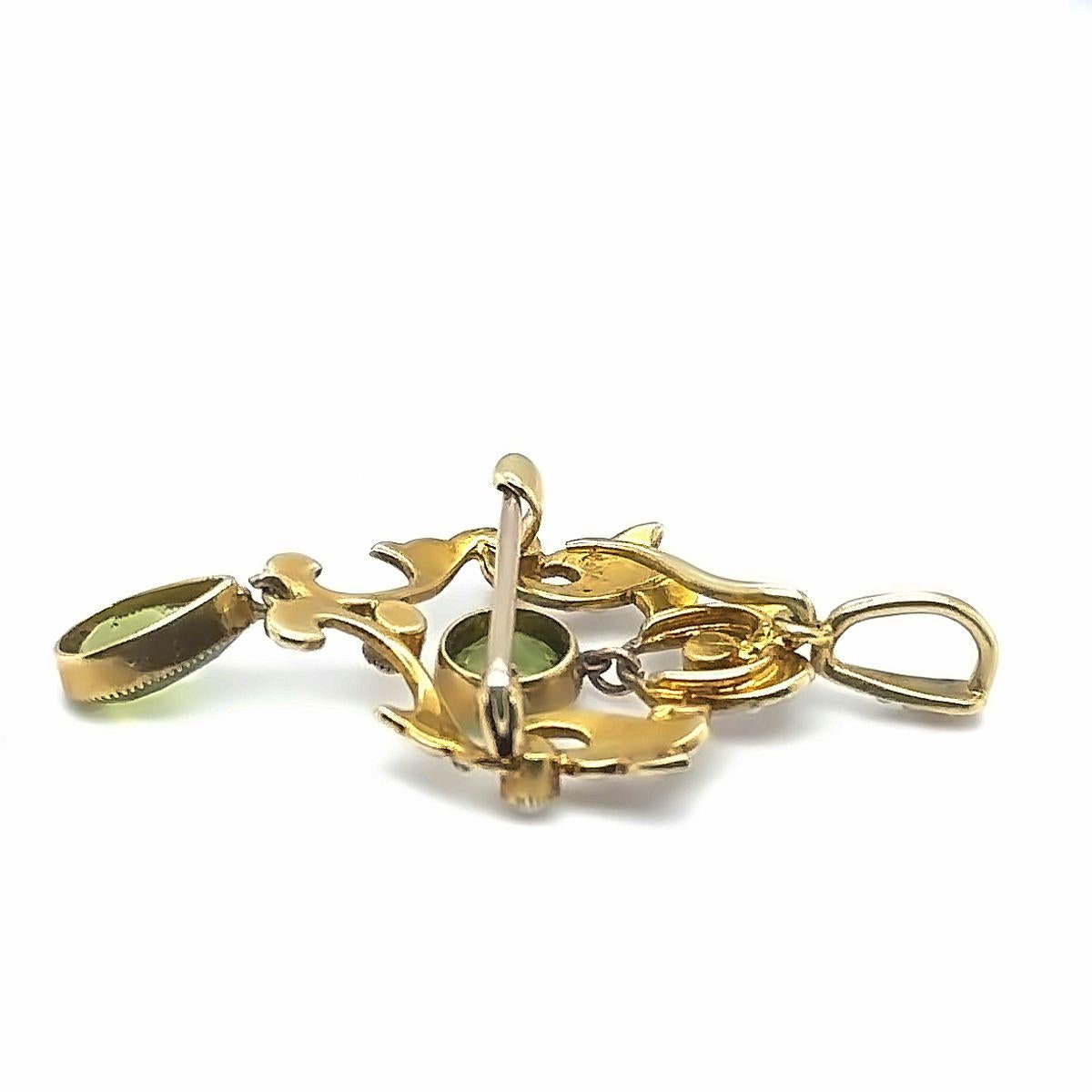 Women's or Men's Vintage 15ct Yellow Gold Peridot and Seed Pearl Pendant/Brooch