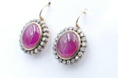Vintage 15 Carat Yellow Gold Ruby and Diamond Large Earrings
