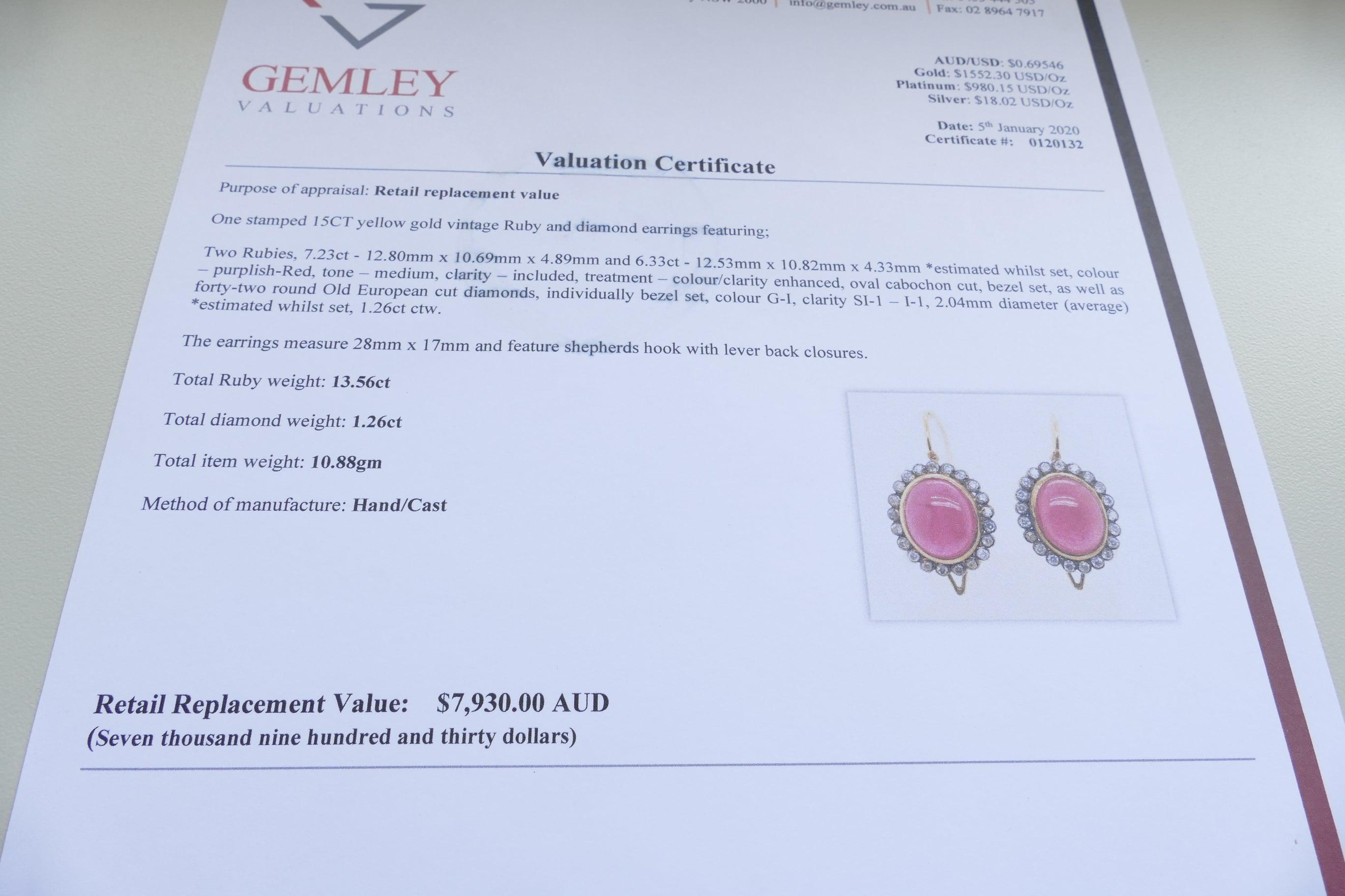 Women's Vintage 15 Carat Yellow Gold Ruby and Diamond Large Earrings For Sale