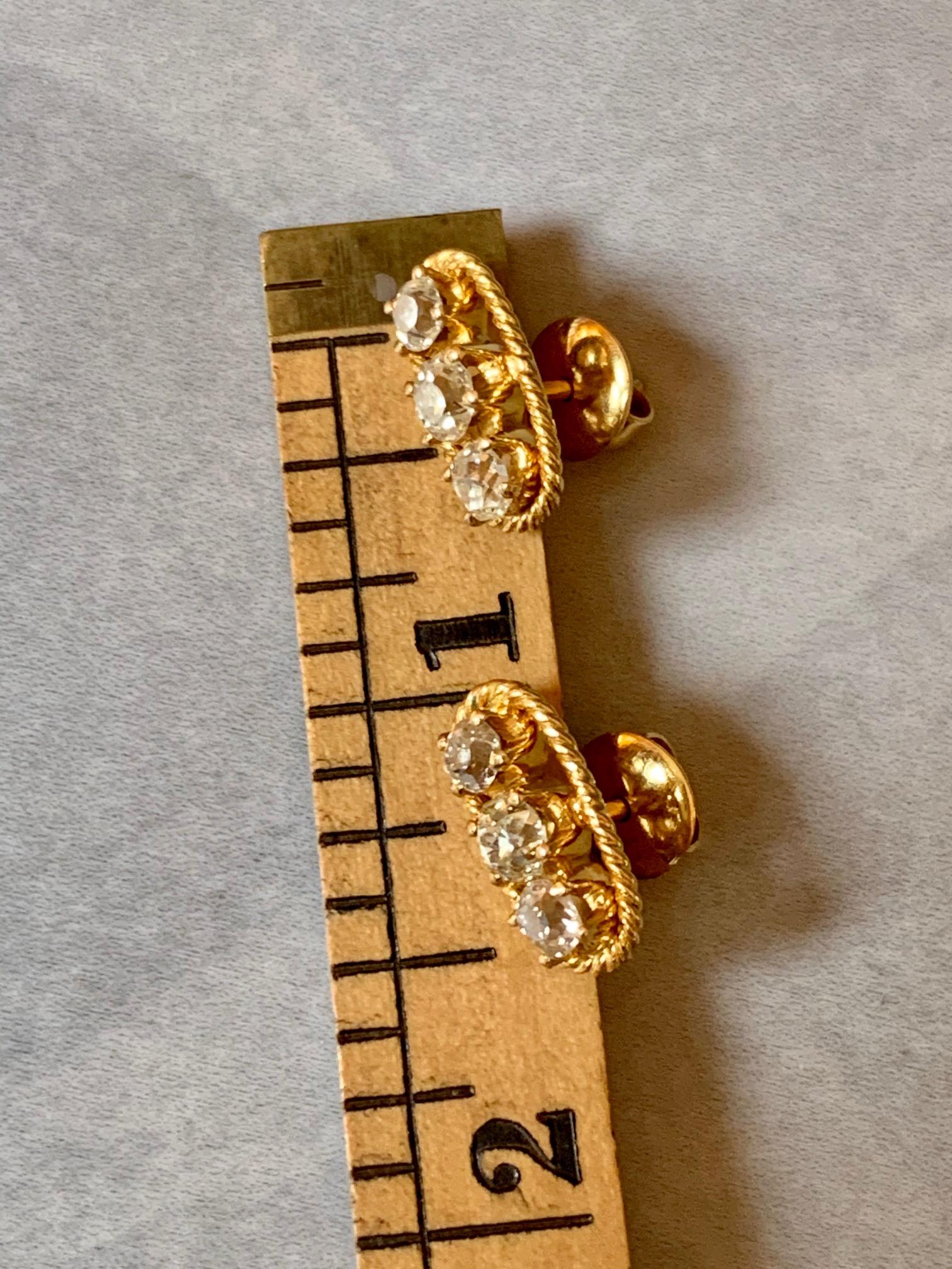 Vintage 1.5 Carat Mine Cut Diamond 14 Karat Yellow Gold Post Earrings In Good Condition For Sale In St. Louis Park, MN