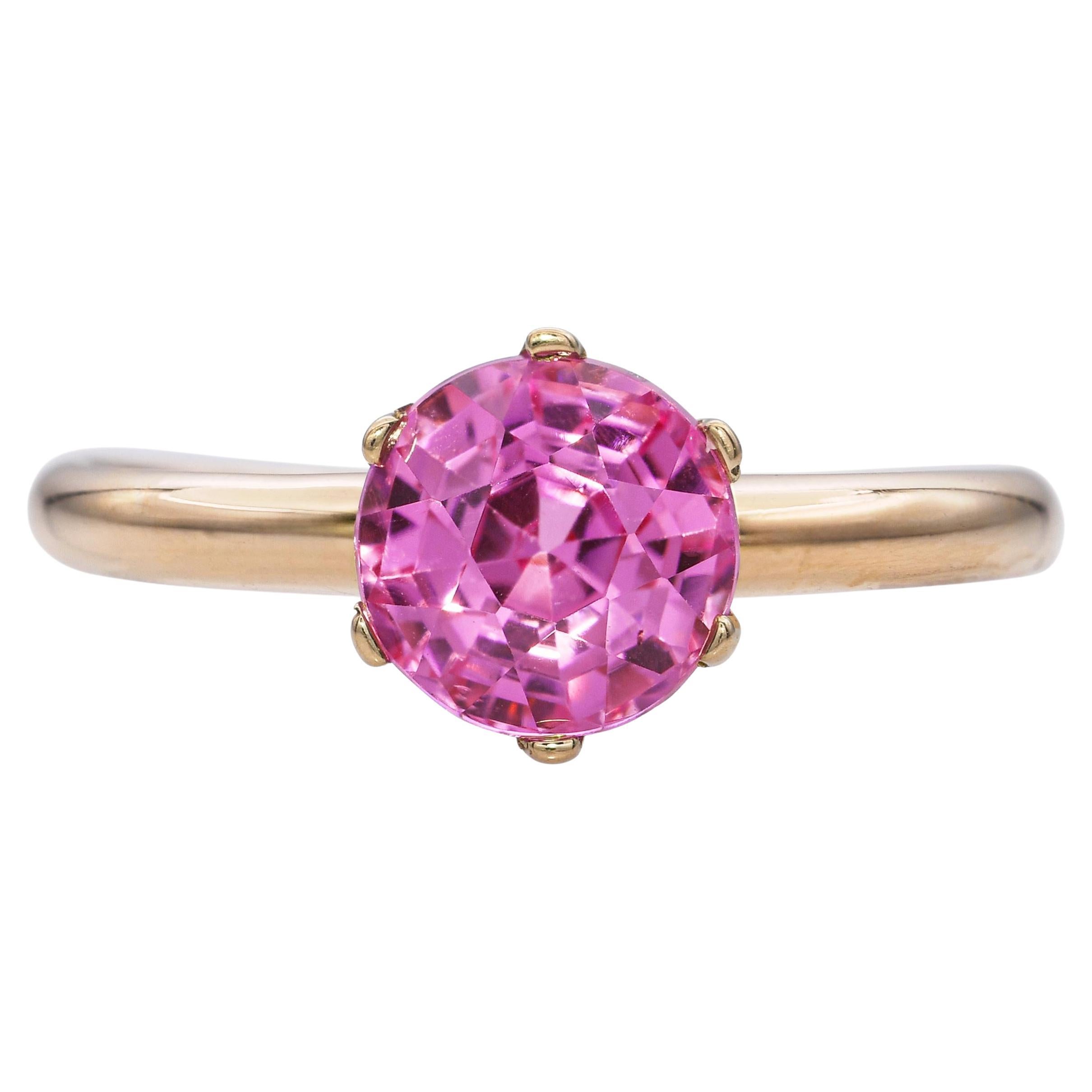 Anillo solitario vintage de zafiro rosa de oro amarillo de 15k de 1,75 ct