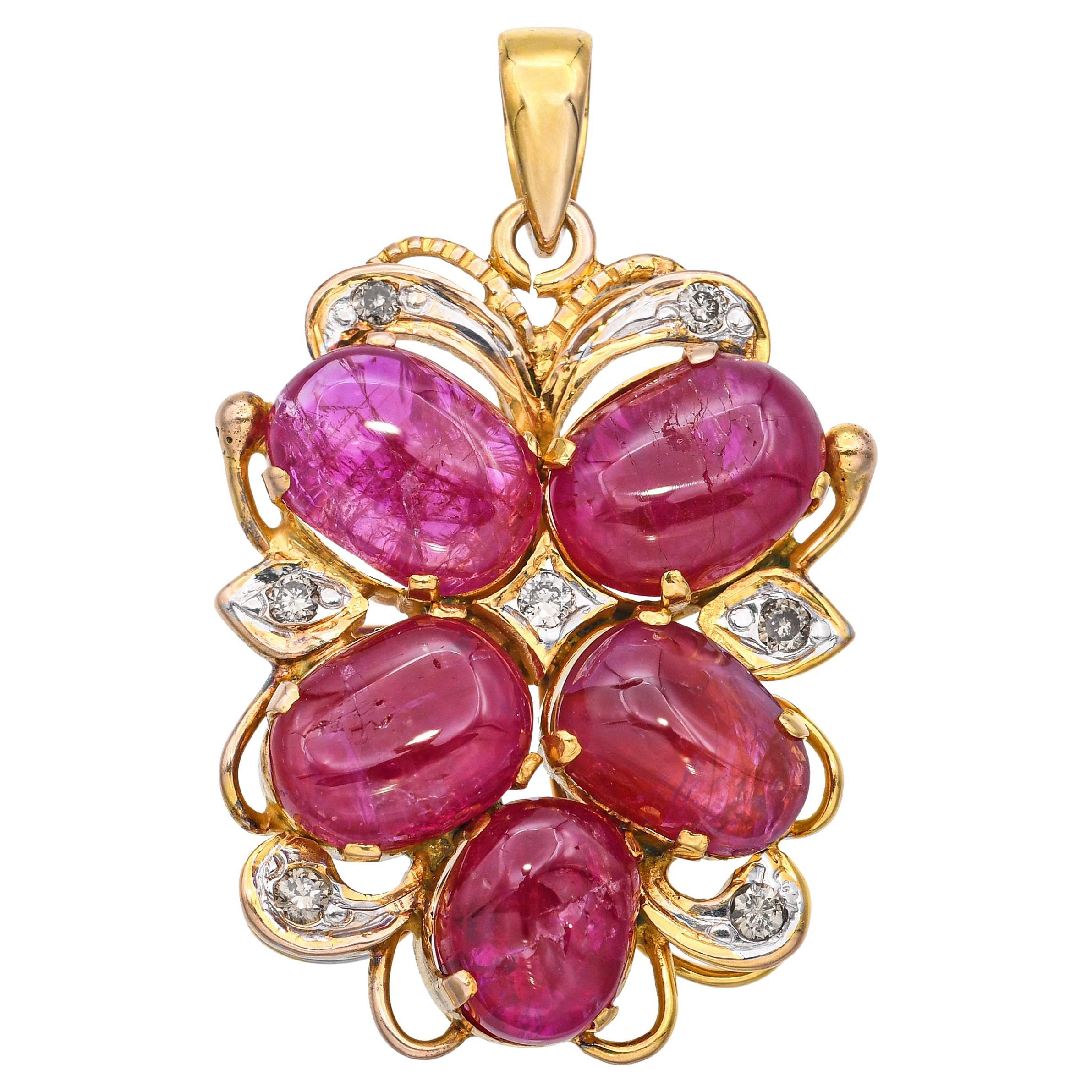 Vintage 15k Yellow Gold 8.2tcw Ruby and 0.1tcw Diamond Pendant
