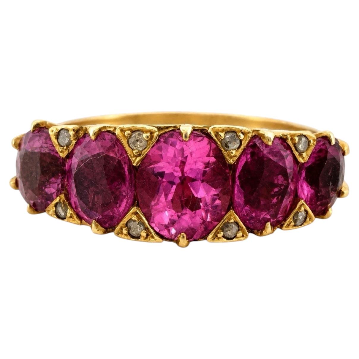 Vintage 15K Yellow Gold Pink Gemstone & Diamond Chip Ring Size 6 Estate