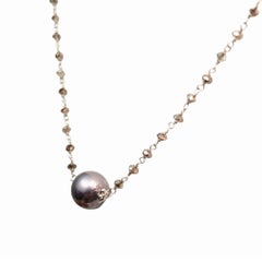 Vintage 16" Brown Diamond (5.00ct) & Cultured Pearl Necklace in 18 Karat White
