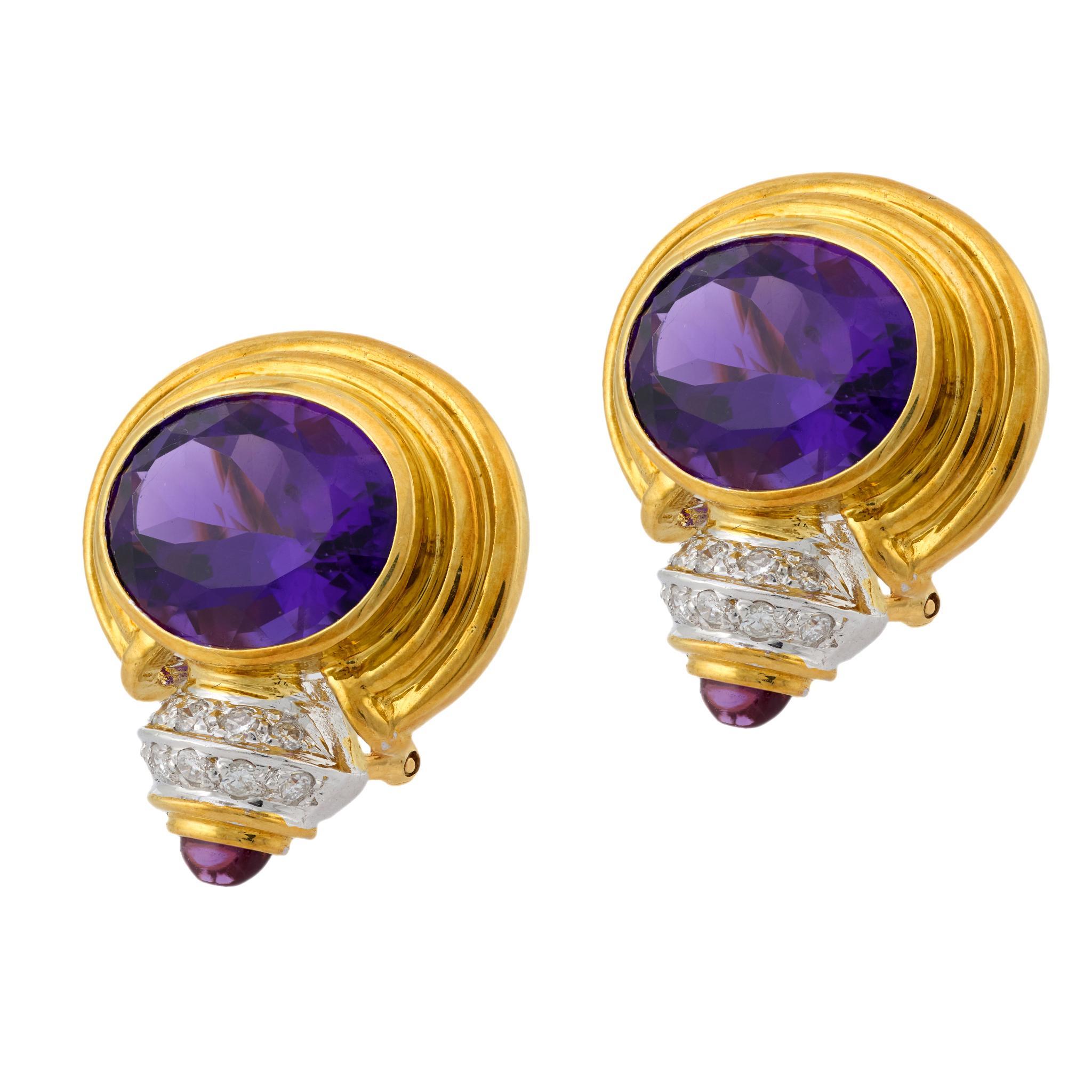 Pendientes vintage de amatista de 16 quilates y diamante de oro amarillo y blanco de 18 quilates Moderno en venta