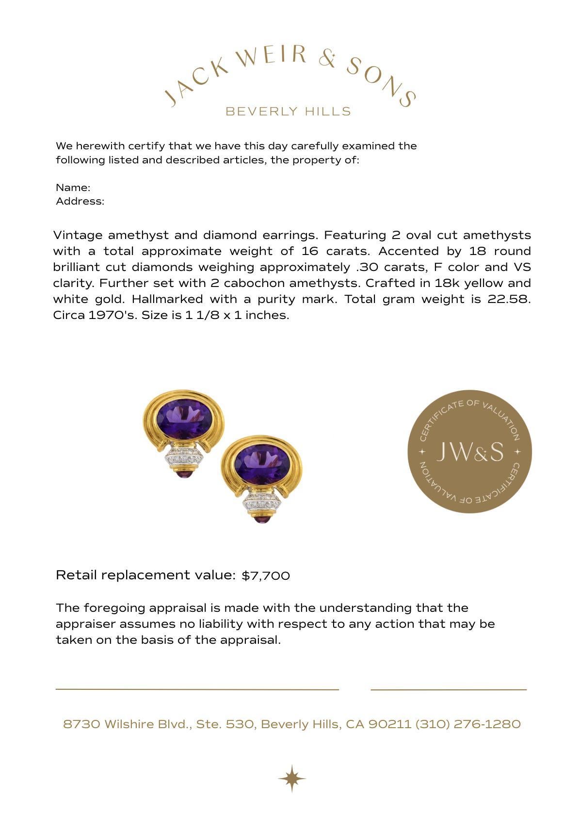 Pendientes vintage de amatista de 16 quilates y diamante de oro amarillo y blanco de 18 quilates en Bueno estado para la venta en Beverly Hills, CA