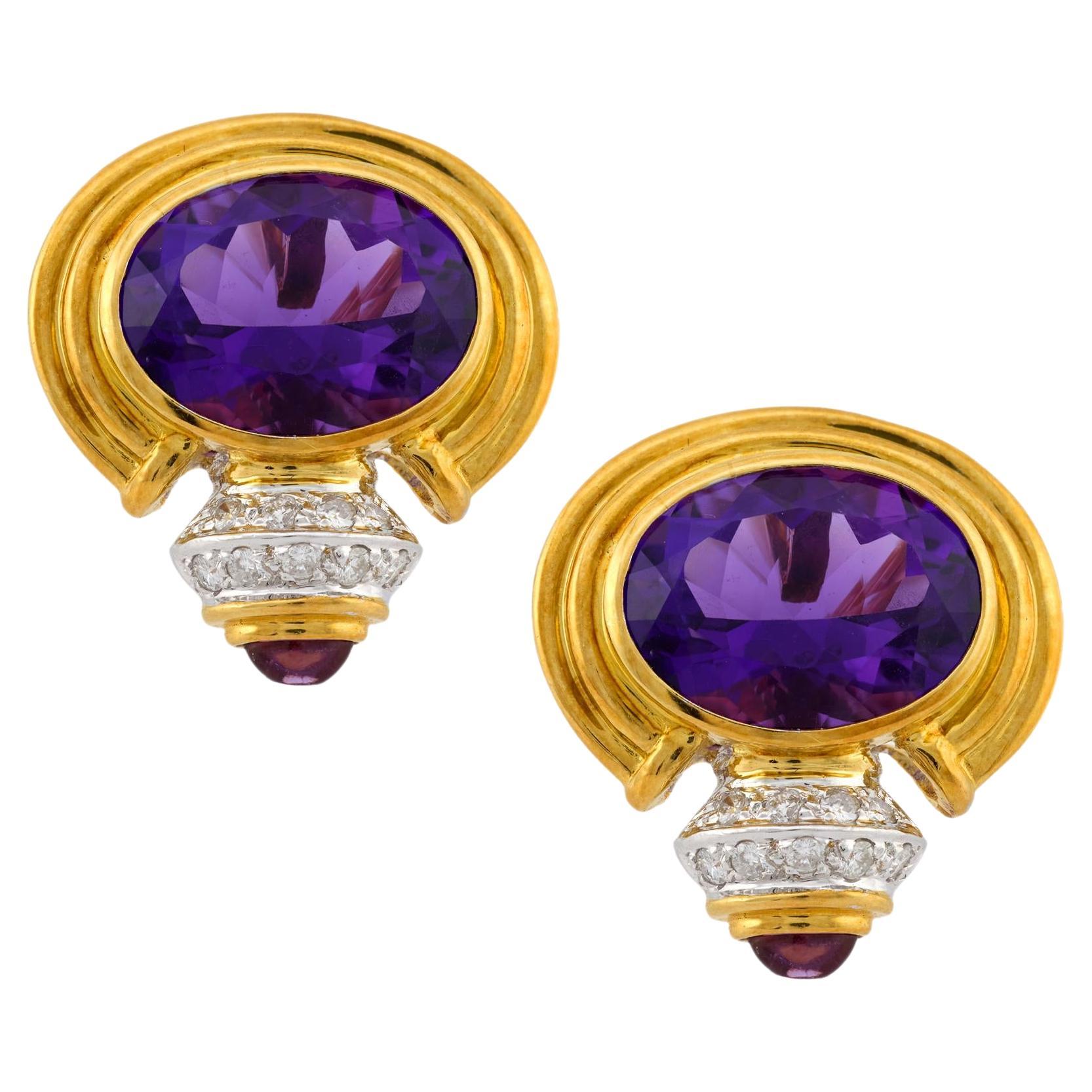 Pendientes vintage de amatista de 16 quilates y diamante de oro amarillo y blanco de 18 quilates