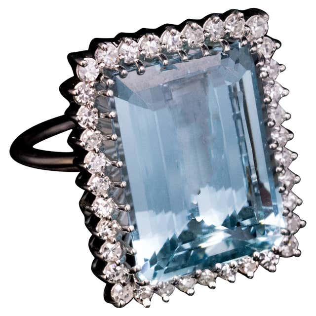 Cocktail Rng Vintage 18ct Rose Gold, 1940s Cushion Cut Aquamarine and Diamond ...