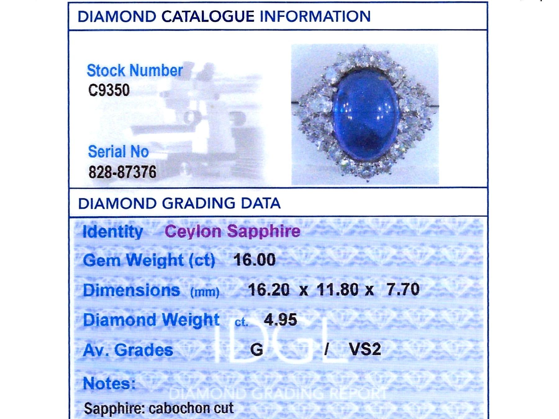 Anello di fidanzamento in platino con zaffiro di Ceylon da 16 carati e diamante da 4,95 carati. in vendita 7