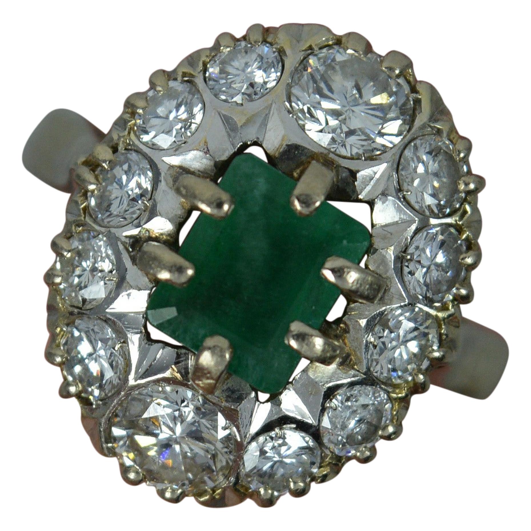 Vintage 1.6 Carat Diamond and Emerald 18 Carat Gold Cluster Ring