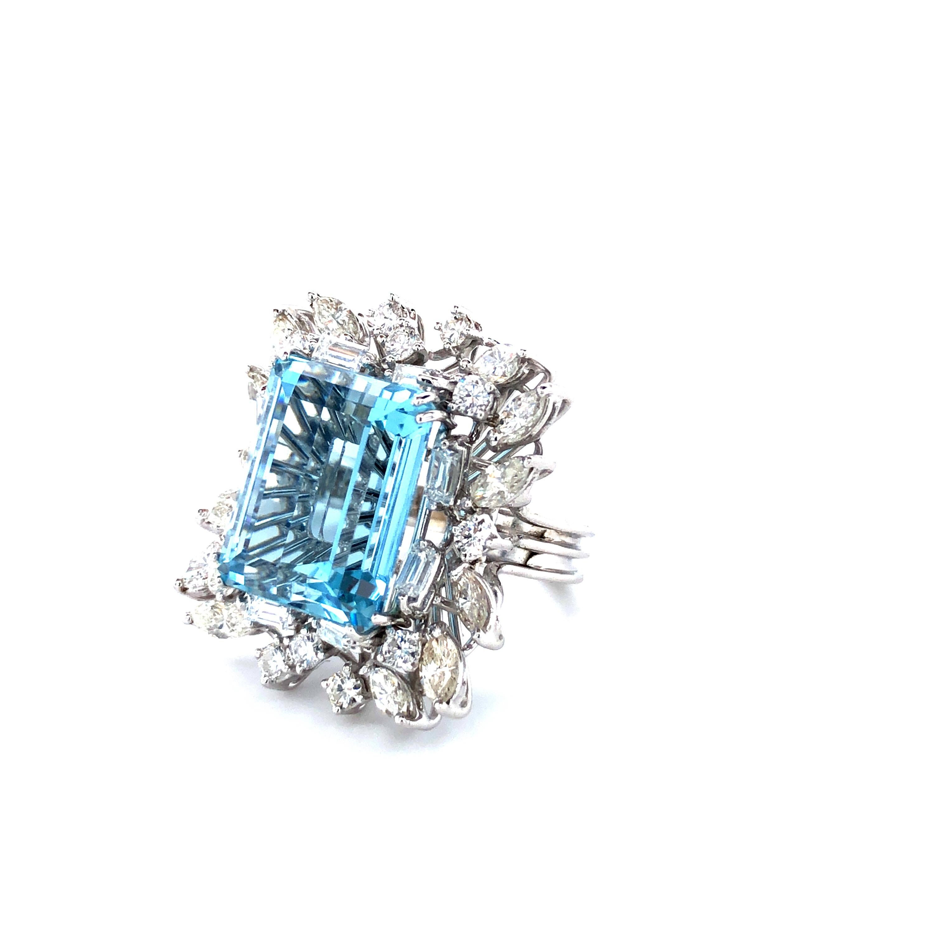 Emerald Cut Vintage 16 Carat Aquamarine and Diamonds Cocktail Ring in 14 Karat White Gold