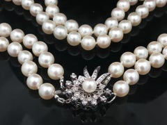 Vintage 16" Dual Strand 6.5-7.5mm Pearl Necklace White Gold Diamond Floral Clasp