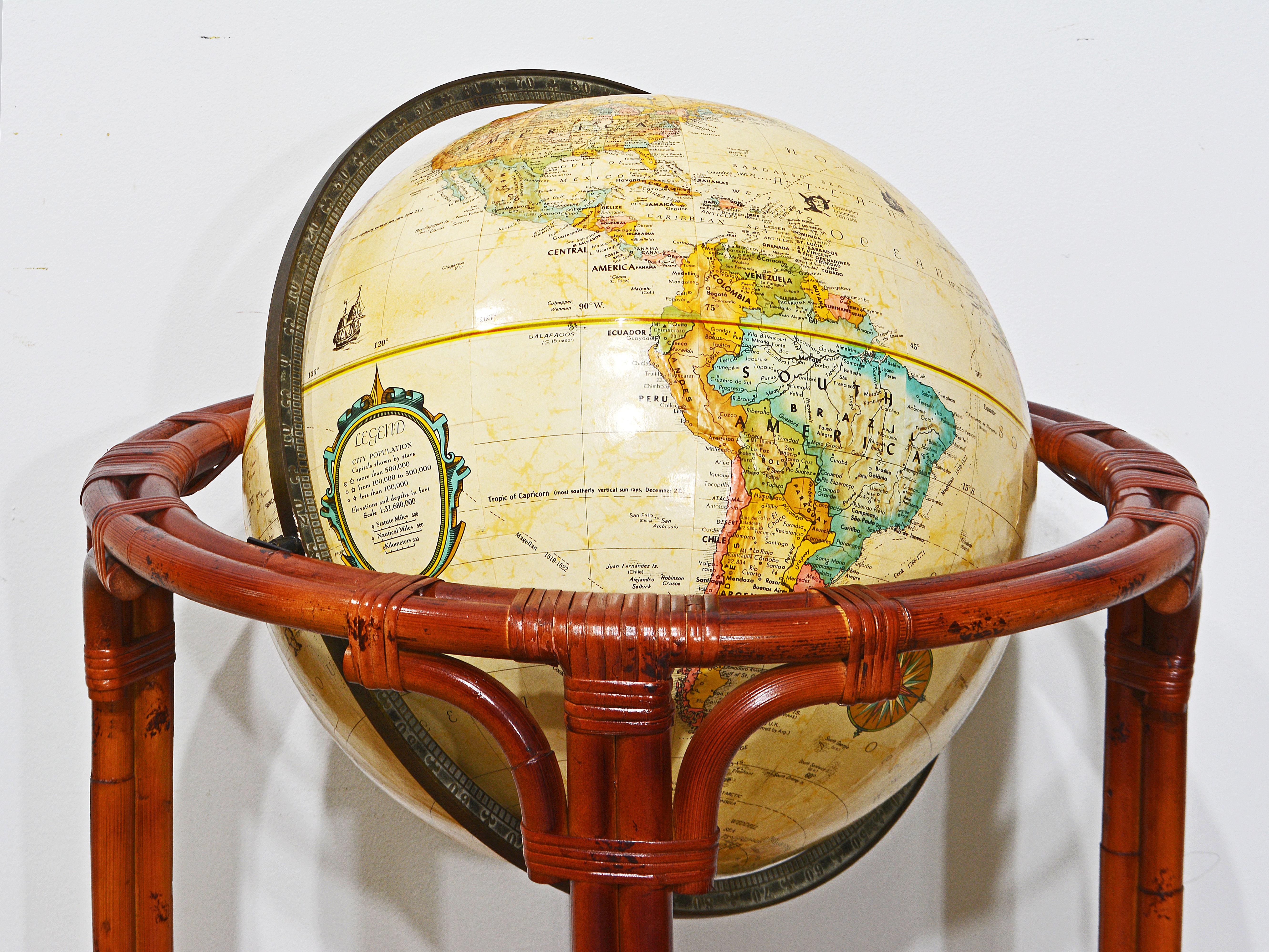 British Colonial Vintage 16 in. Terrestrial Globe and Tropical Colonial Style Bamboo Rattan Stand For Sale