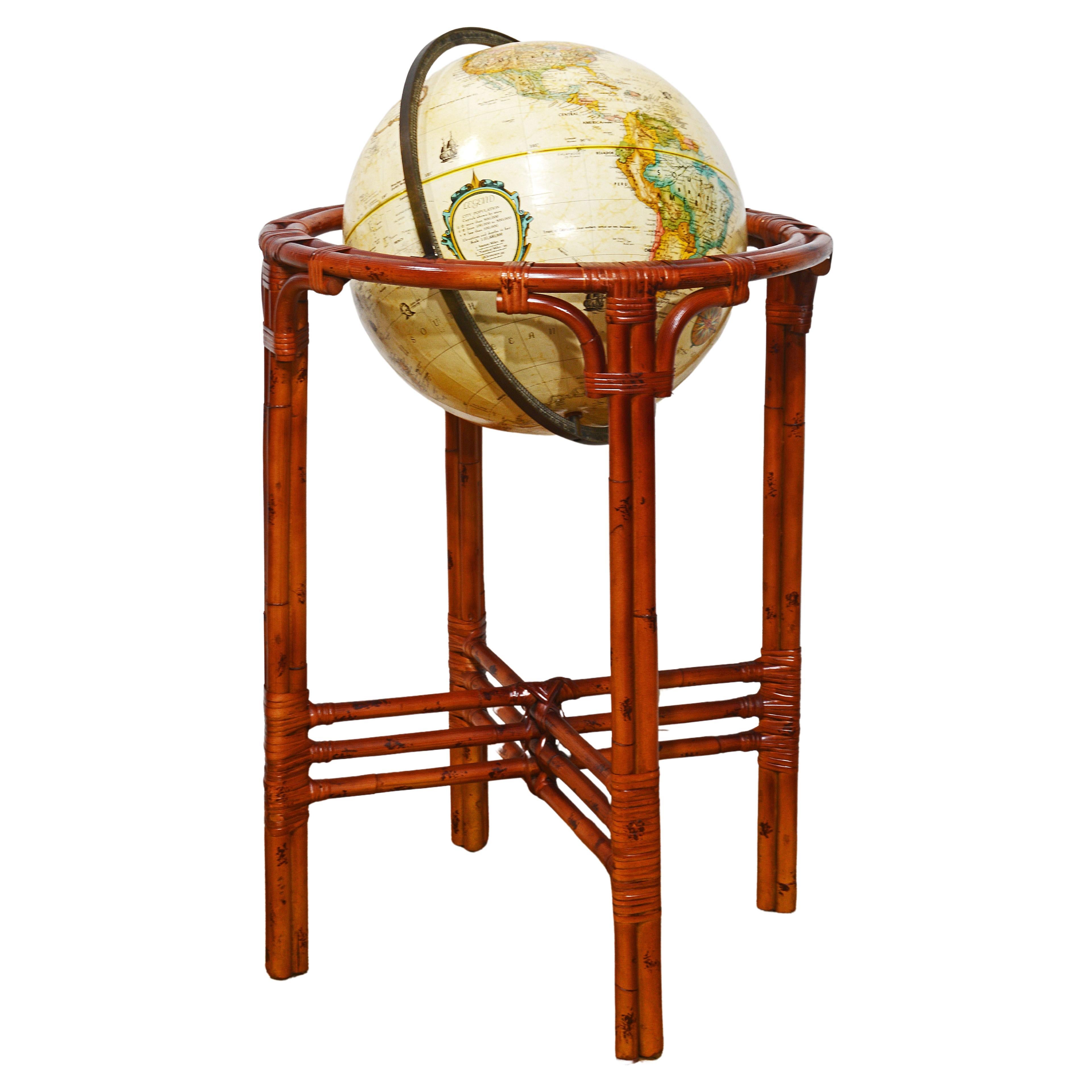 Vintage 16 in. Terrestrial Globe and Tropical Colonial Style Bamboo Rattan Stand