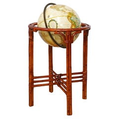 Vintage 16 in. Terrestrial Globe and Tropical Colonial Style Bamboo Rattan Stand