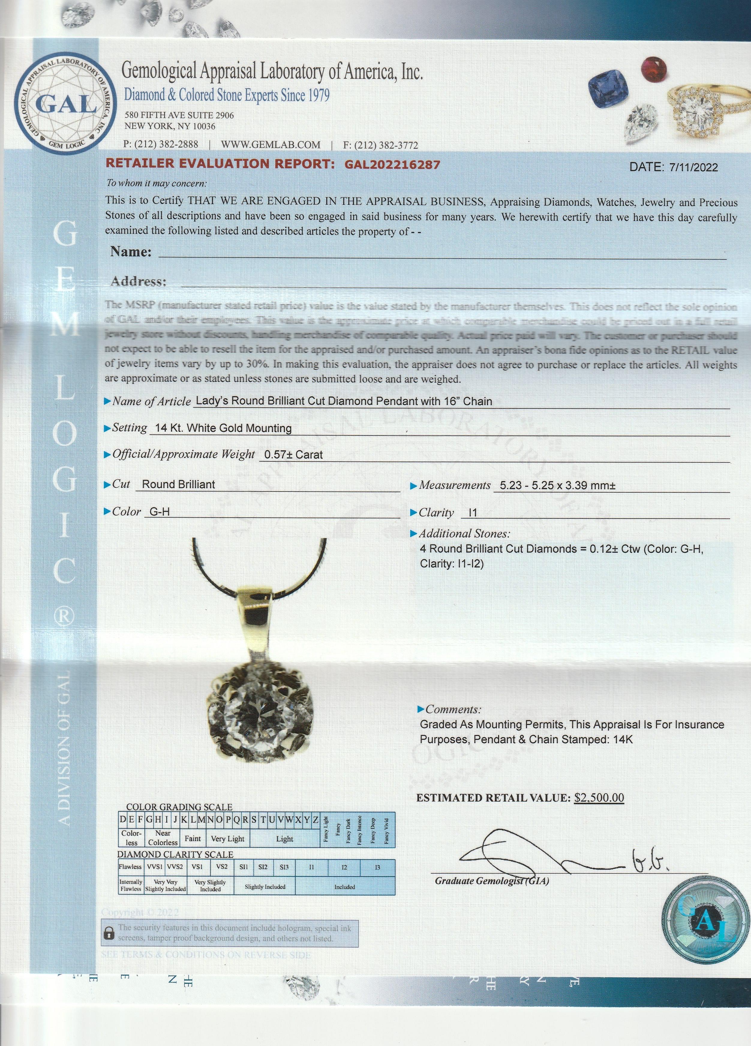 Vintage Round Brilliant Cut Diamond & 14K White Gold Pendant Necklace For Sale 7