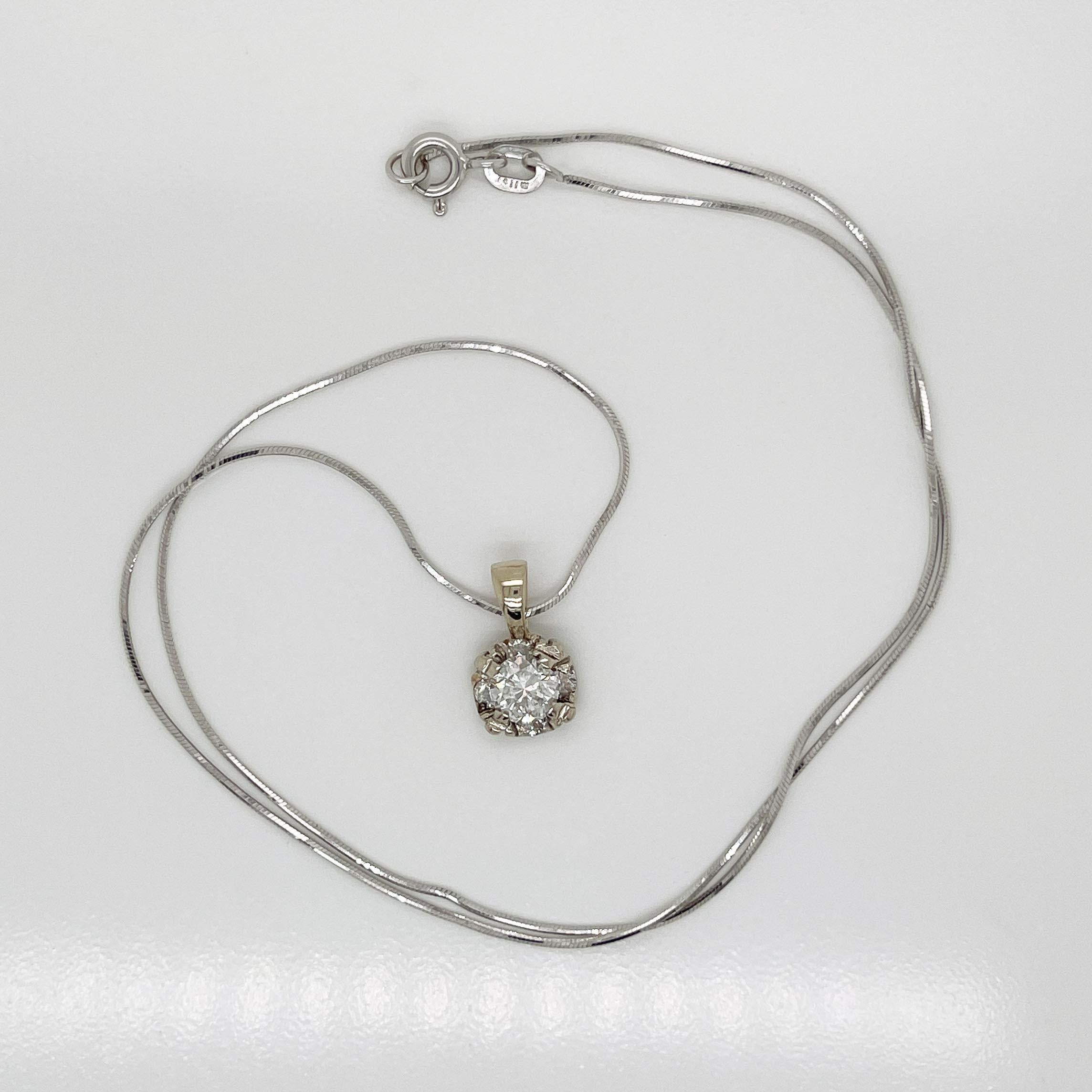 Women's or Men's Vintage Round Brilliant Cut Diamond & 14K White Gold Pendant Necklace For Sale