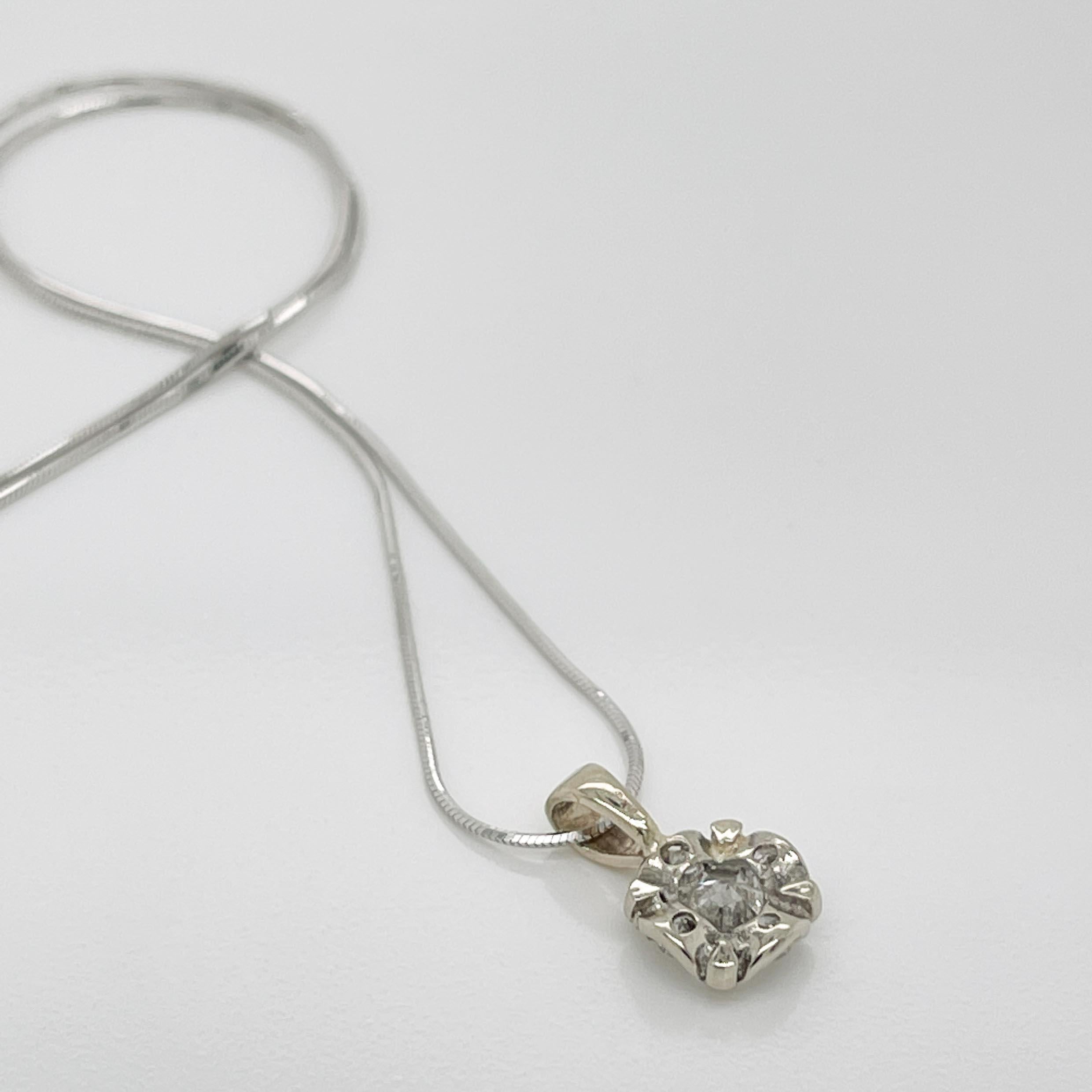 Vintage Round Brilliant Cut Diamond & 14K White Gold Pendant Necklace For Sale 2