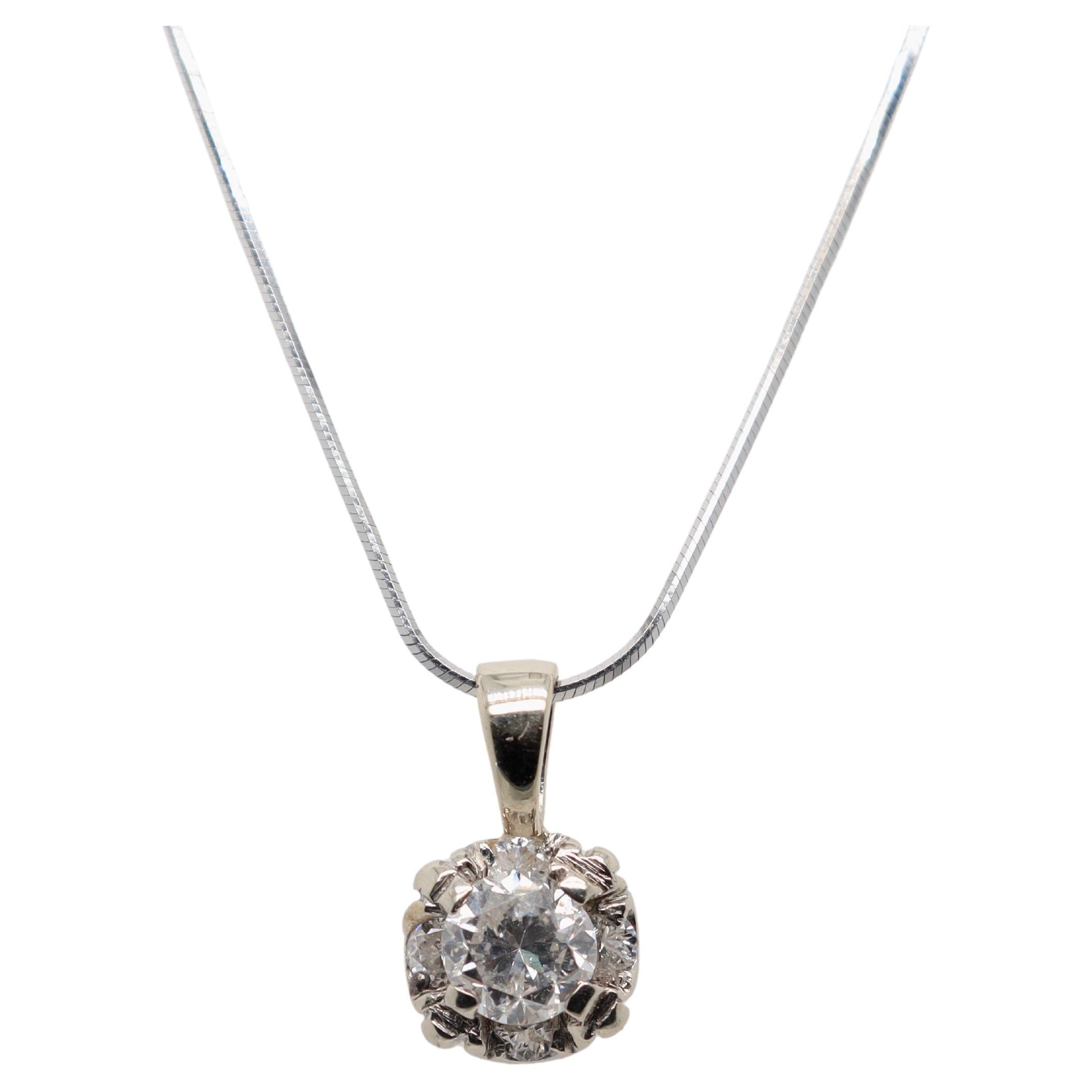 Vintage Round Brilliant Cut Diamond & 14K White Gold Pendant Necklace For Sale