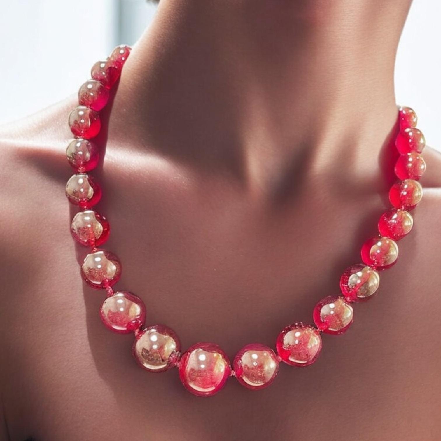 Cet élégant collier présente des perles d'un rouge profond, chacune polie pour obtenir une finition brillante. Les perles sont de taille variable, ce qui crée un flux harmonieux. Un fermoir sphérique en or ajoute une touche de sophistication et