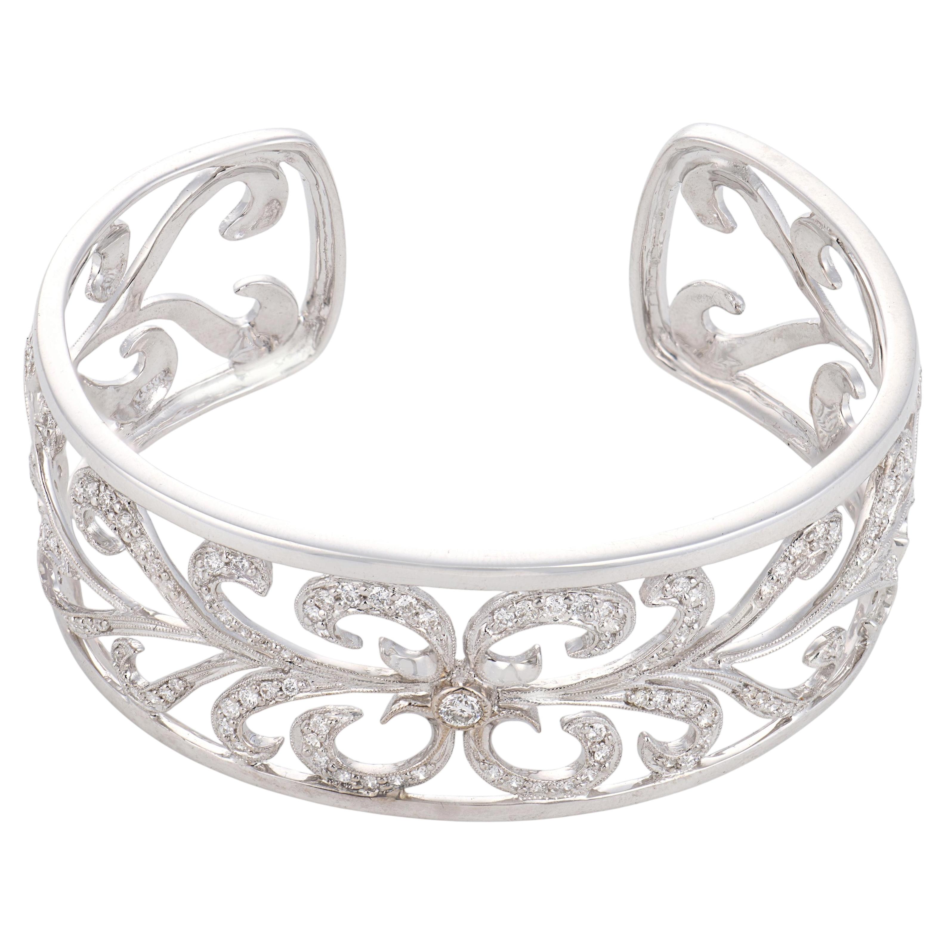 Vintage 1.60 carat diamond 18K white gold cuff bracelet