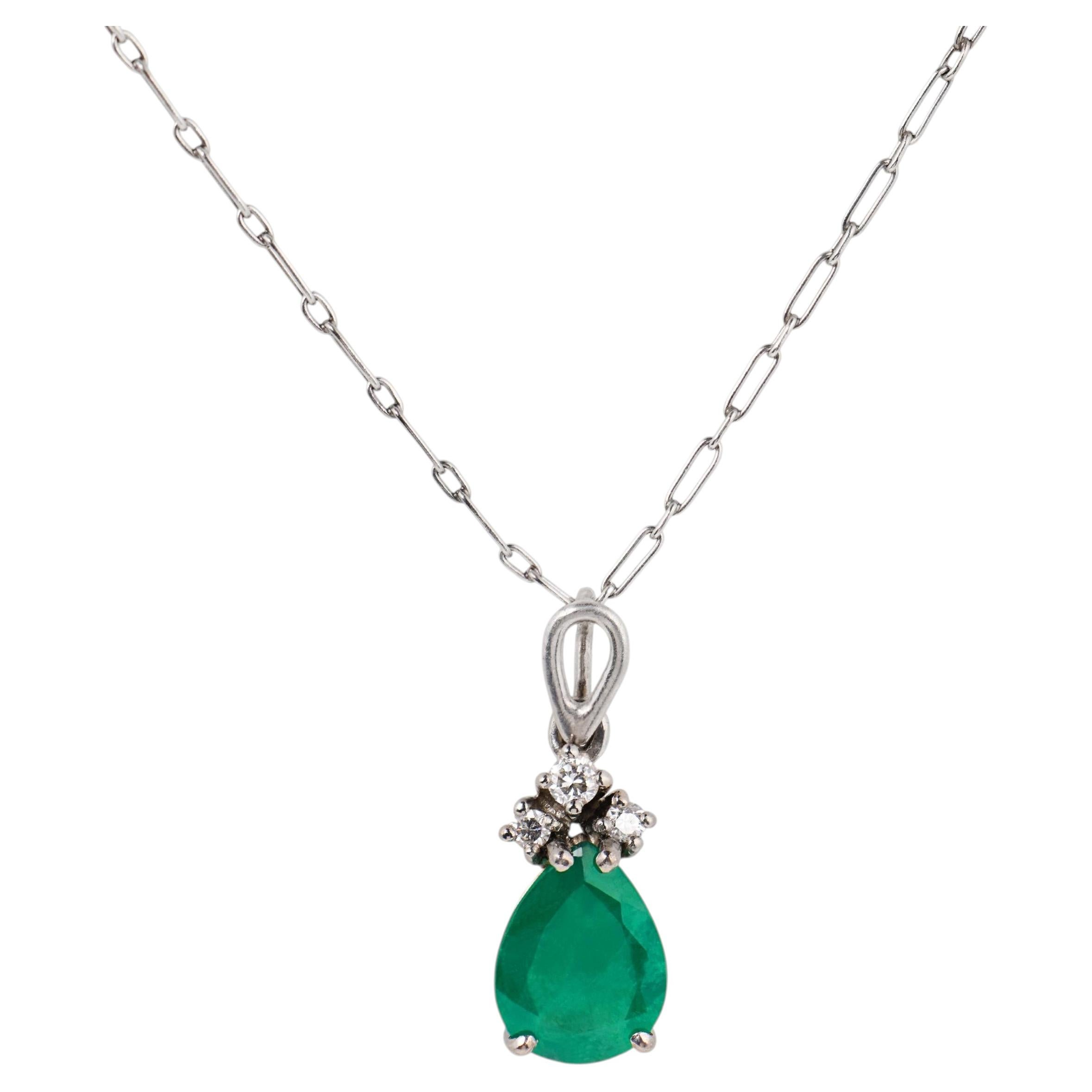 Collana vintage con diamante smeraldo da 1,60 carati in oro bianco 14k e platino