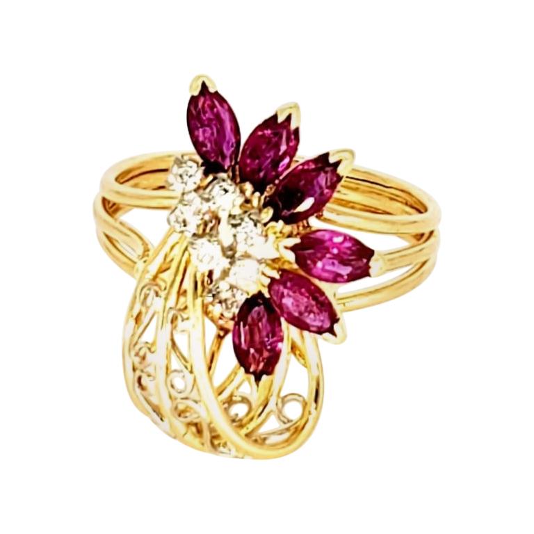 Vintage 1.60 Carat Ruby and Diamond Flower Cocktail Ring For Sale