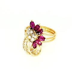Vintage 1.60 Carat Ruby and Diamond Flower Cocktail Ring
