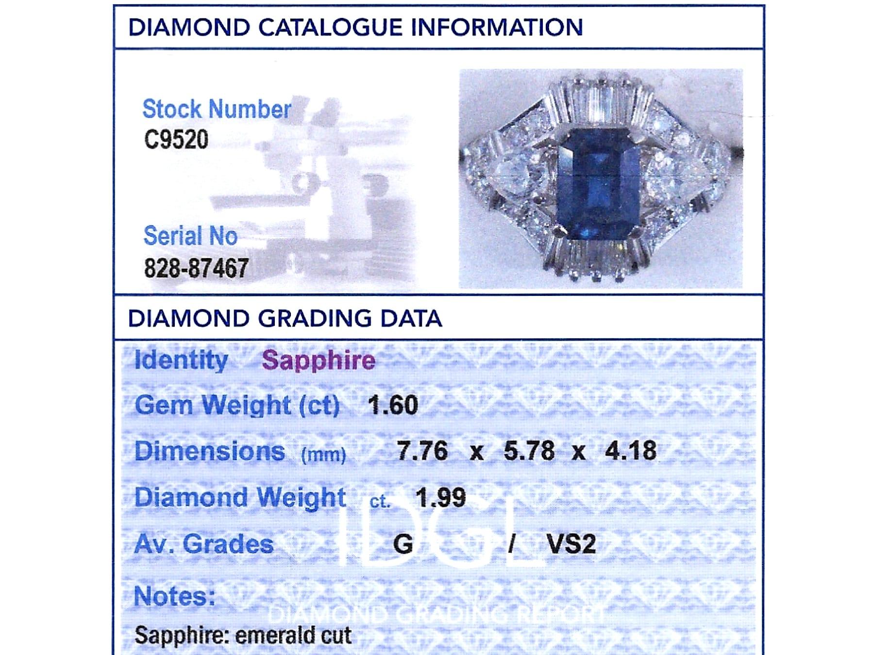 Zafiro vintage de 1,60 quilates Diamante de 1,99 quilates Anillo de vestido de platino Circa 1990 en venta 9