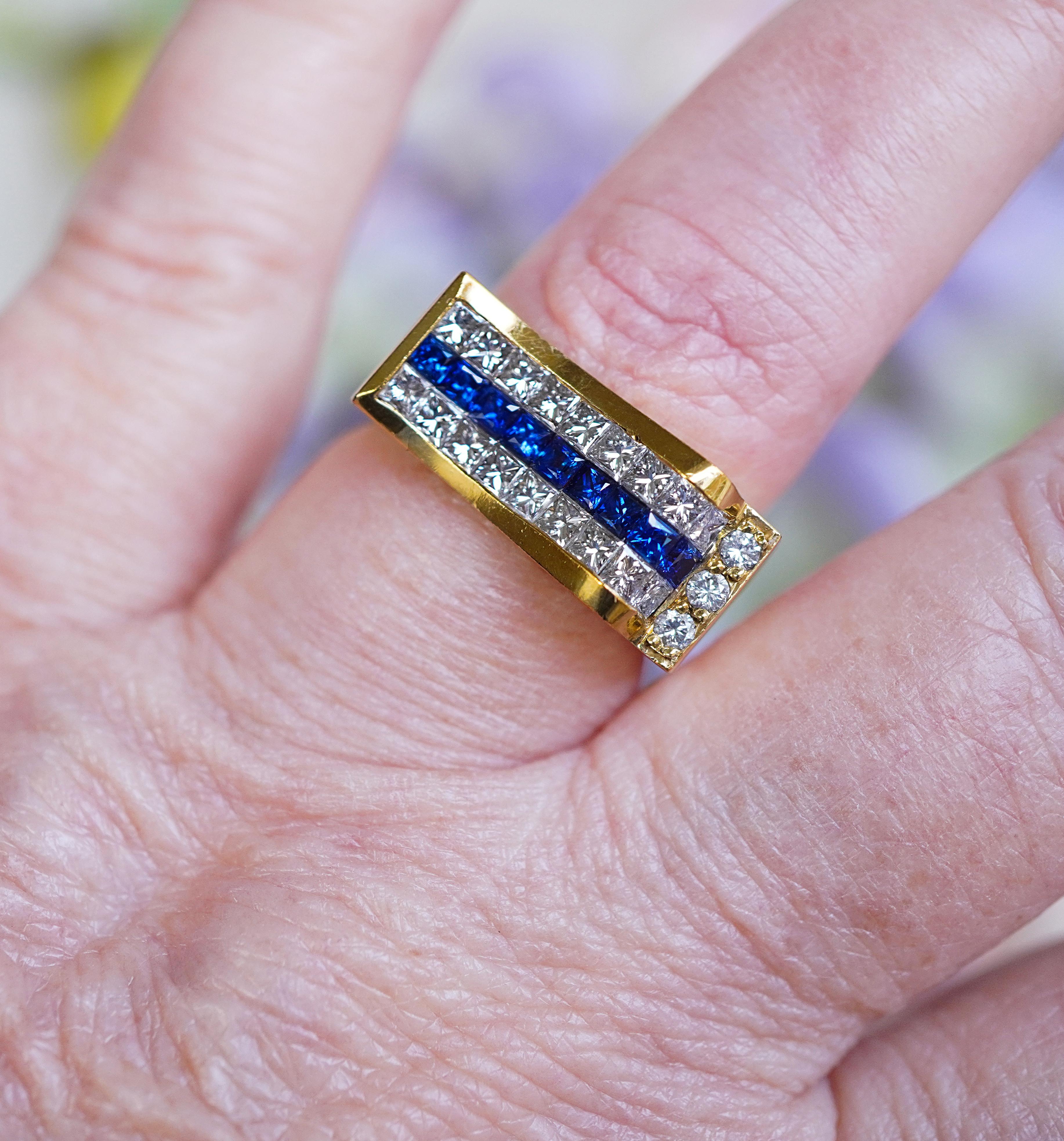 Taglio princess Vintage By 1,60ct Anello con diamante e zaffiro Principessa di Ceylon in oro 18K in vendita