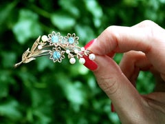 Vintage 1.61 Carat High Zircon and Pearl Yellow Gold Brooch