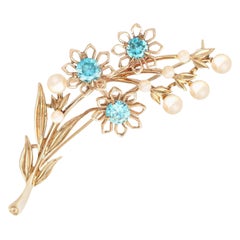 Vintage 1.61 Carat High Zircon and Pearl Yellow Gold Brooch