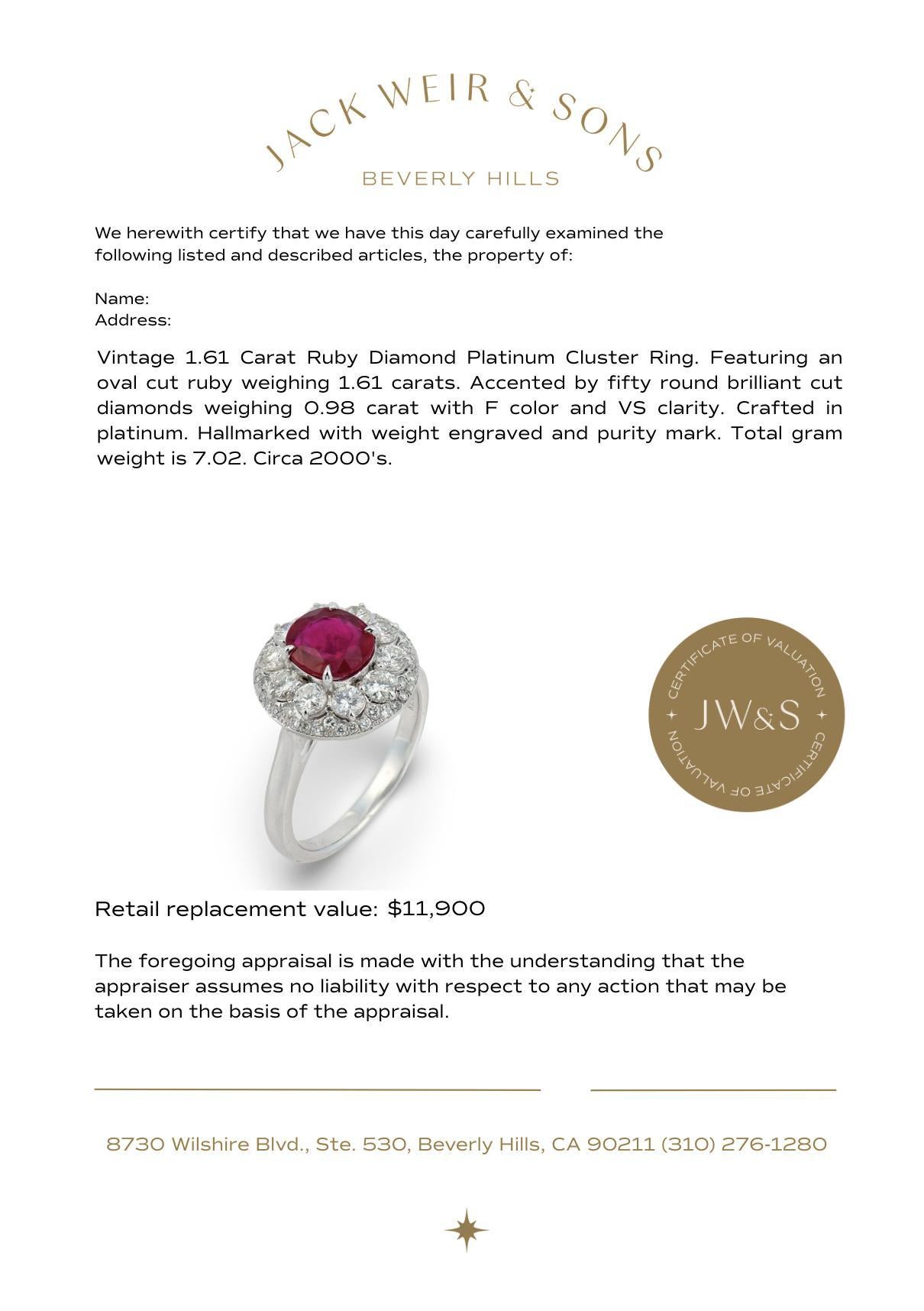 Vintage 1,61 Karat Rubin-Diamant-Platin-Cluster-Ring im Angebot 1