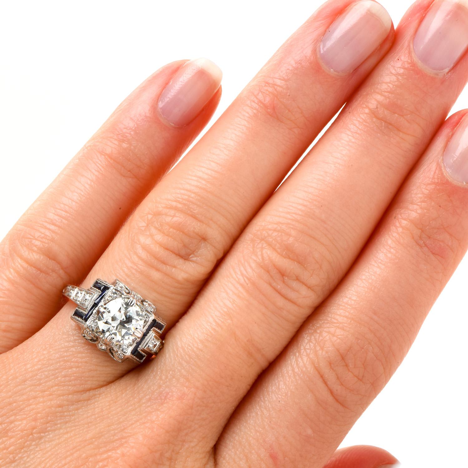 Verlobungsring aus Platin mit 1,61 Karat Diamant im europäischen Schliff und Saphir (Art déco) im Angebot