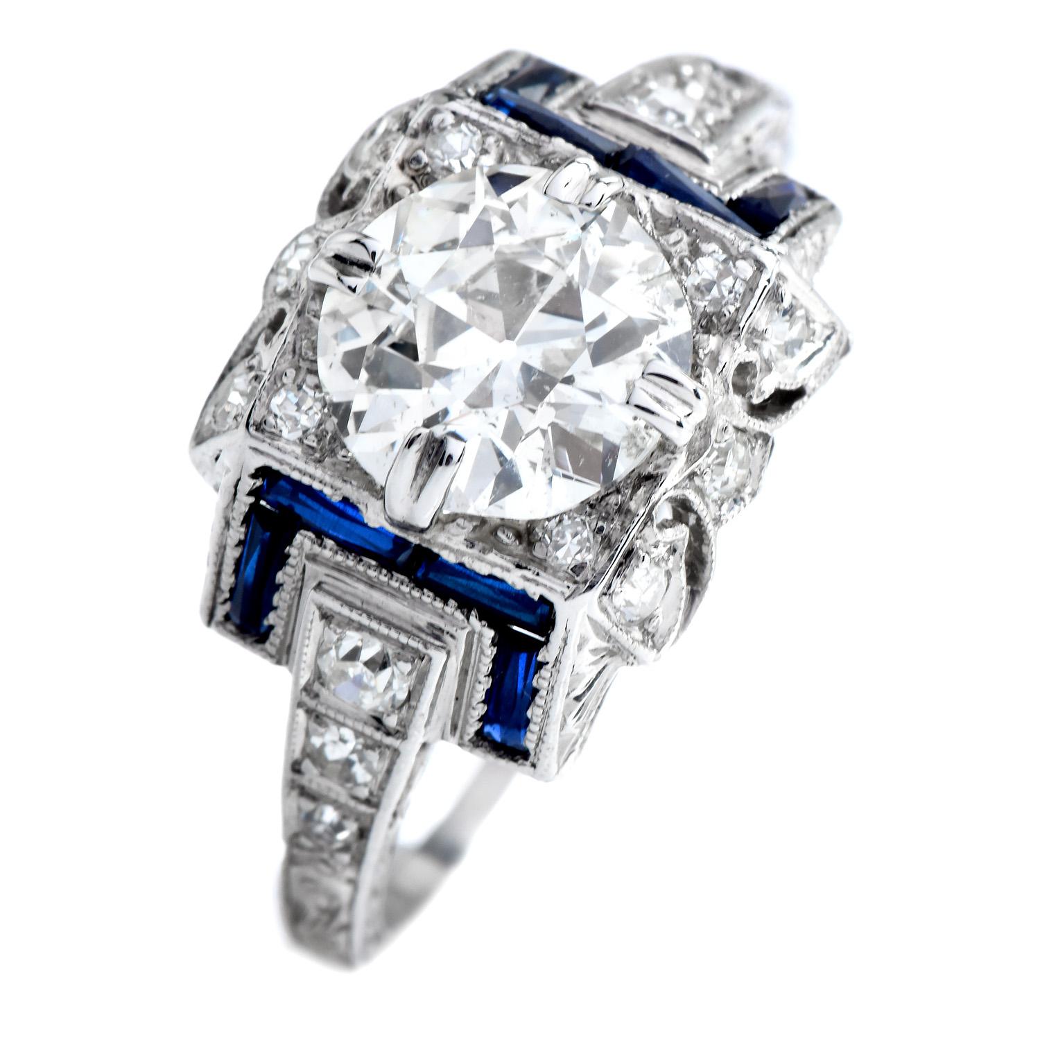 Art Déco Anello di fidanzamento vintage in platino con diamante e zaffiro a taglio europeo da 1,61 carati in vendita