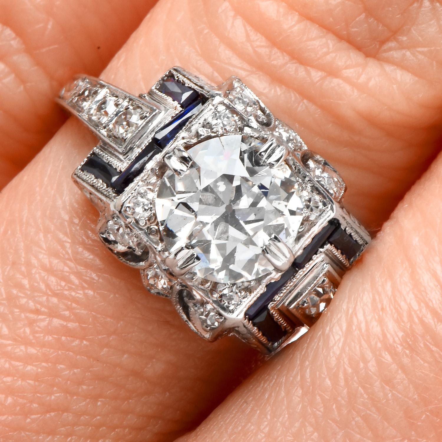 Bague de fiançailles vintage en platine avec saphir et diamant taille européenne de 1,61 carat Excellent état - En vente à Miami, FL
