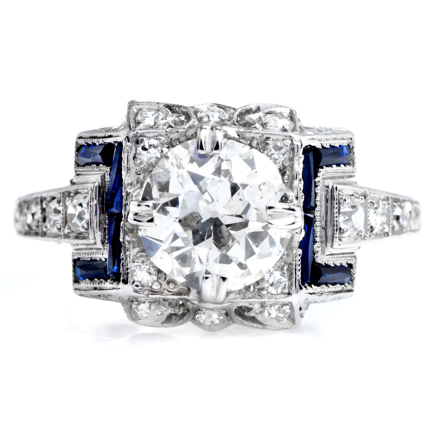 Women's Vintage 1.61 Carats European Cut Diamond Sapphire Platinum Engagement Ring For Sale