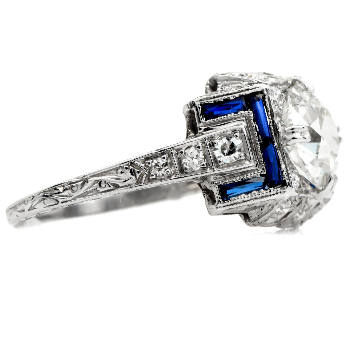 Vintage 1.61 Carats European Cut Diamond Sapphire Platinum Engagement Ring For Sale 1