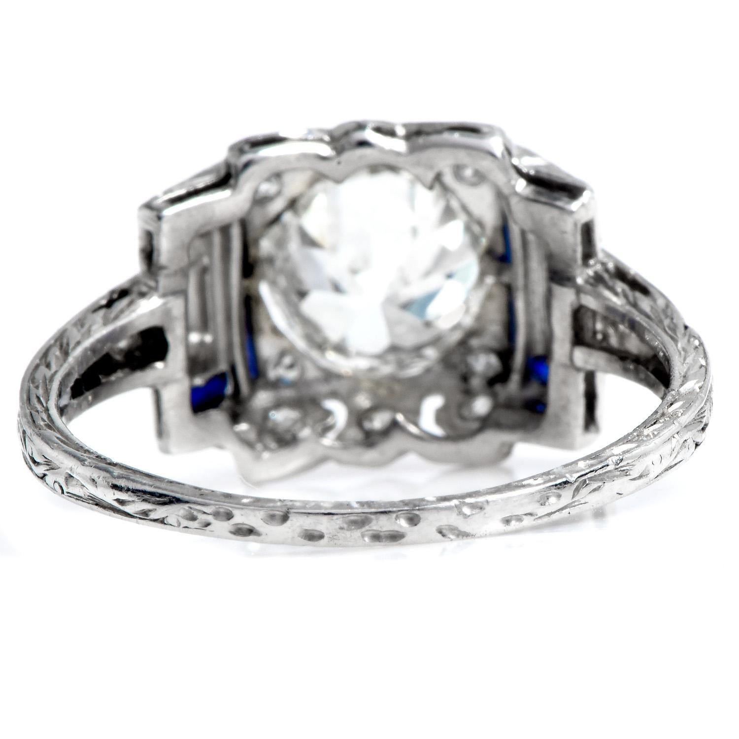 Vintage 1.61 Carats European Cut Diamond Sapphire Platinum Engagement Ring For Sale 2