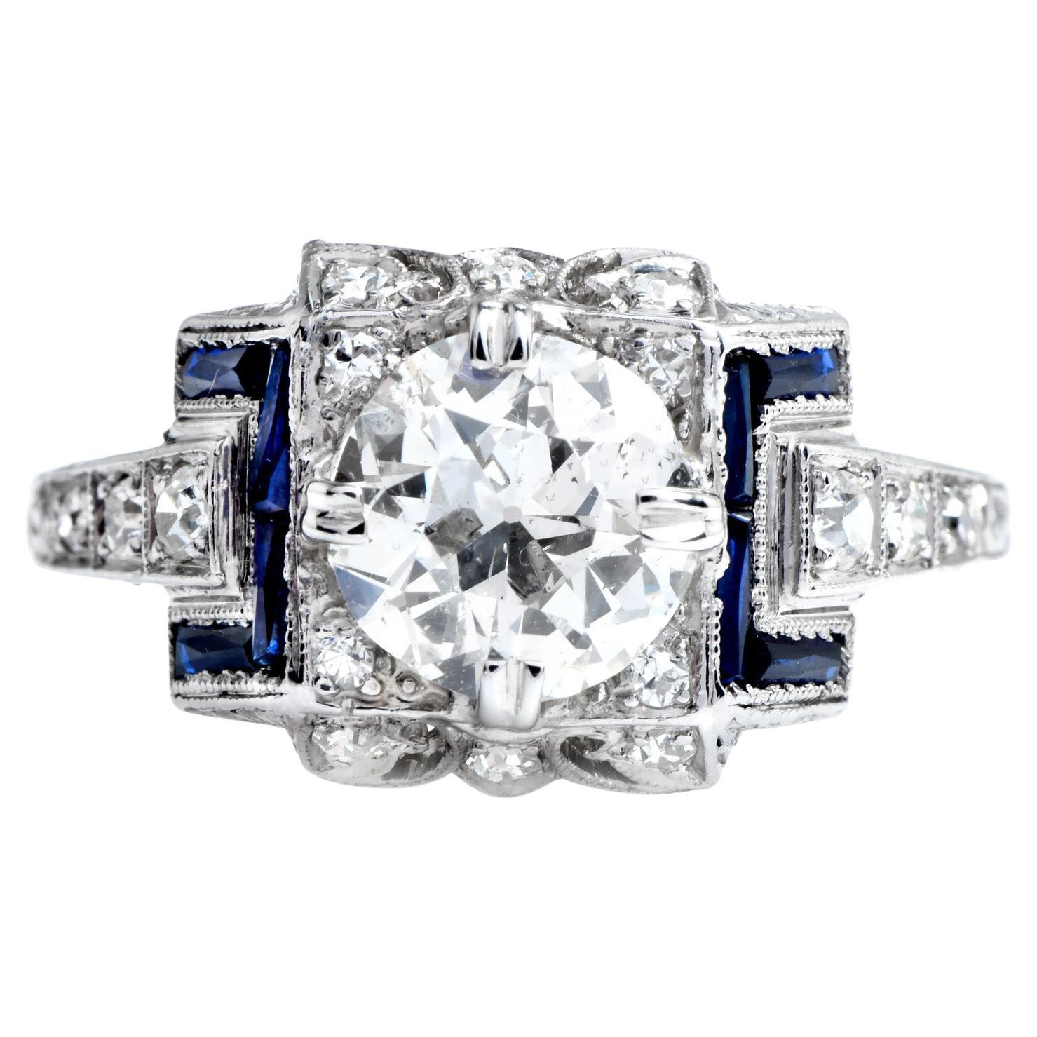 Vintage 1.61 Carats European Cut Diamond Sapphire Platinum Engagement Ring For Sale