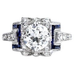 Used 1.61 Carats European Cut Diamond Sapphire Platinum Engagement Ring