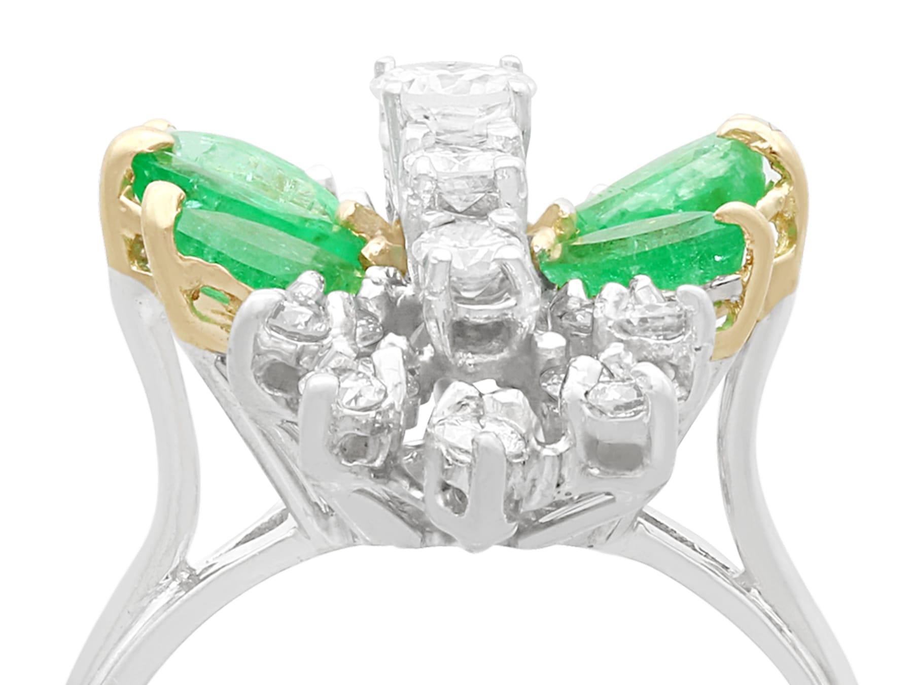 An impressive unusual vintage 1.62 carat emerald and 1.28 carat diamond, 12 karat white and yellow gold dress ring; part of our diverse emerald jewelry collections.

This fine and impressive unusual diamond and emerald ring has been crafted in 12k