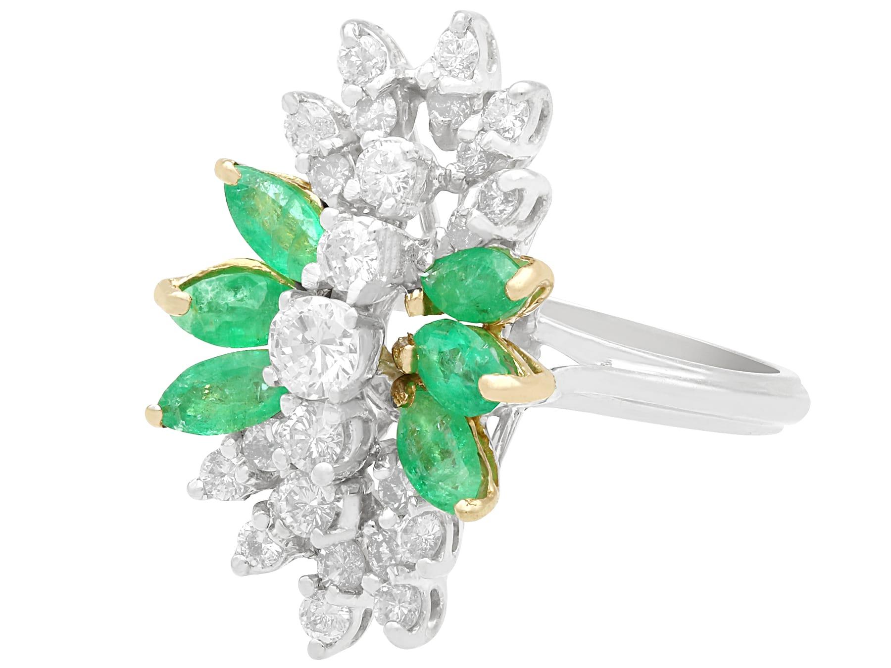 Marquise Cut Vintage 1.62 Carat Emerald and 1.28 Carat Diamond White Gold Cocktail Ring For Sale