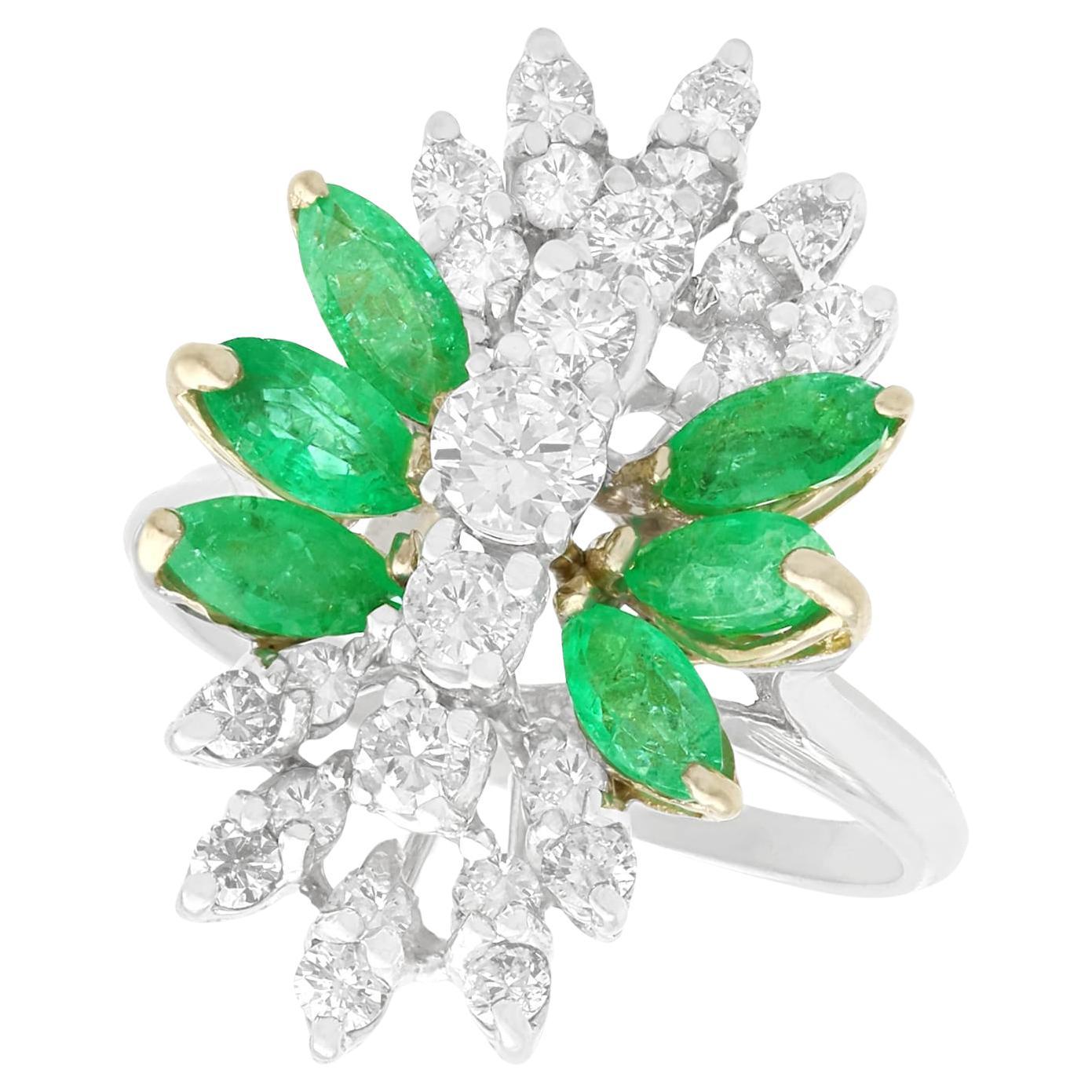 Vintage 1.62 Carat Emerald and 1.28 Carat Diamond White Gold Cocktail Ring For Sale