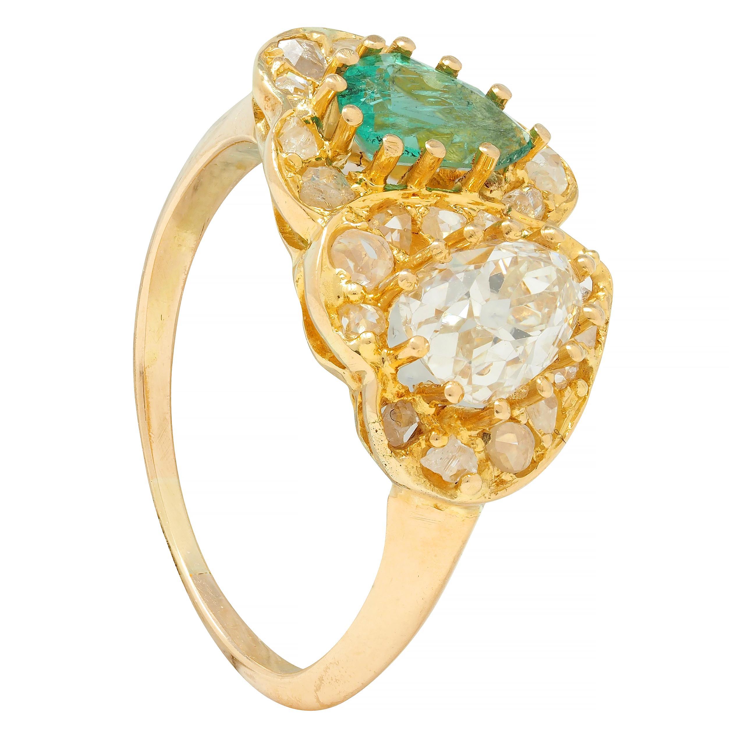 Vintage 1.63 CTW Emerald Diamond 18 Karat Yellow Gold Toi Et Moi Heart Ring 4