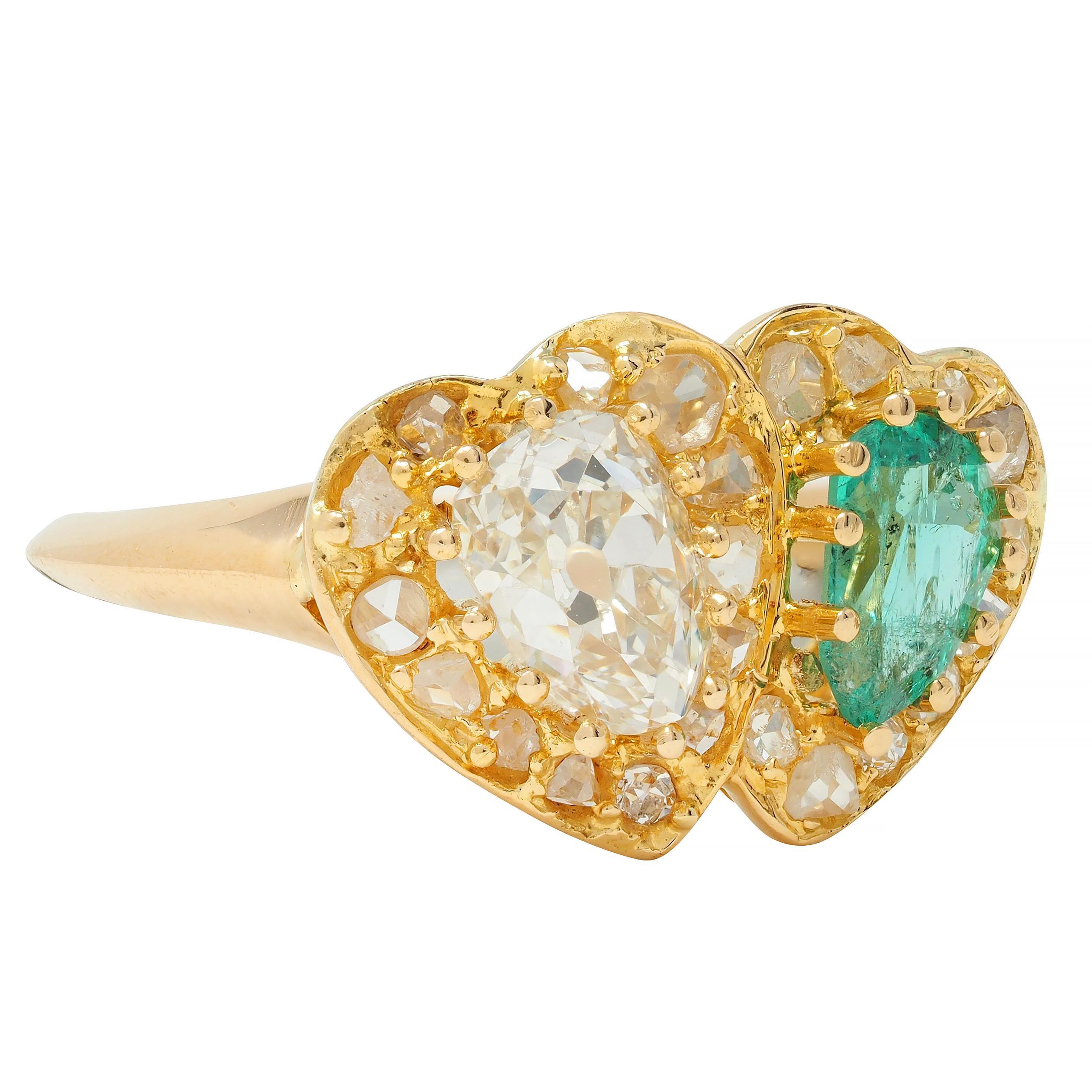 Victorian Vintage 1.63 CTW Emerald Diamond 18 Karat Yellow Gold Toi Et Moi Heart Ring