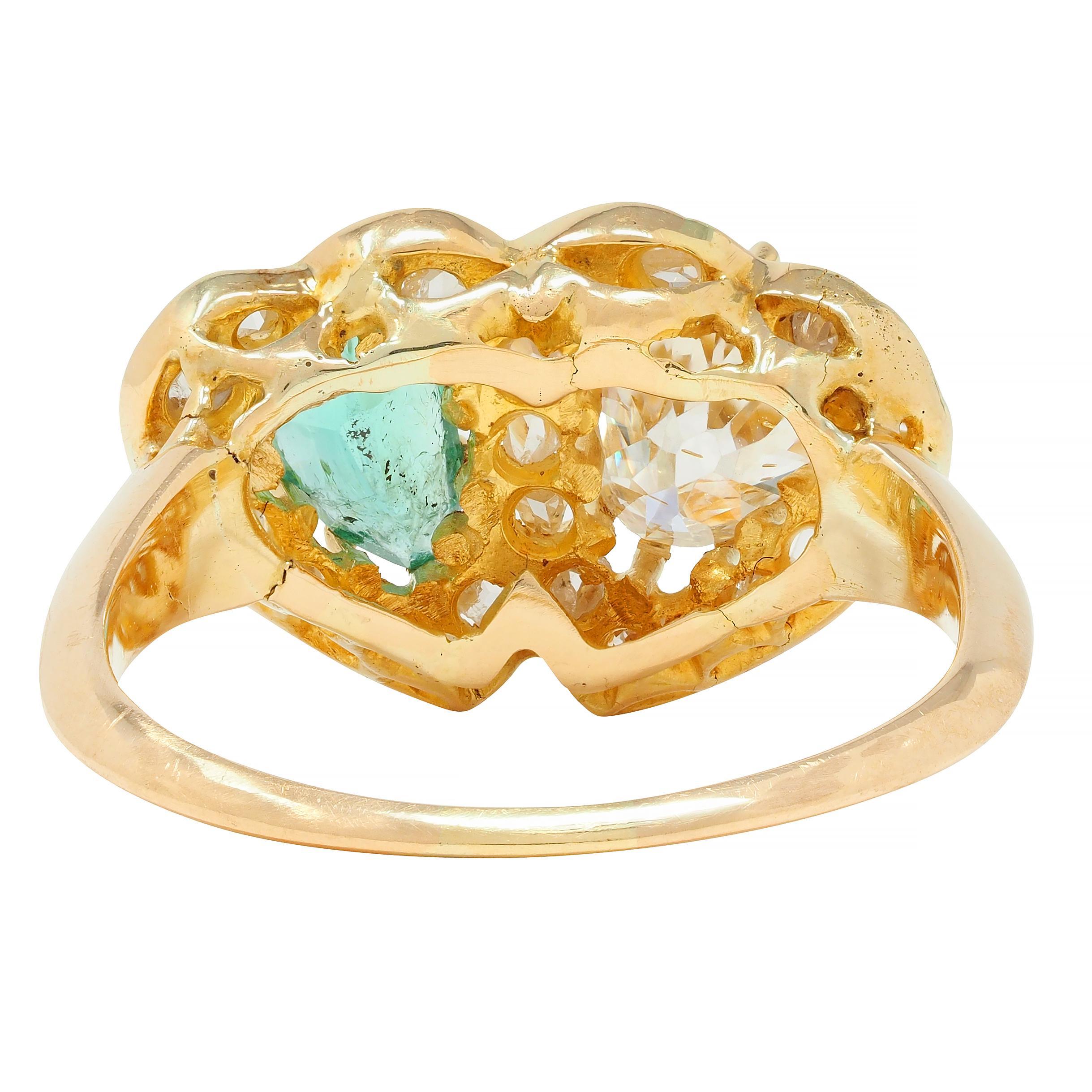 Vintage 1.63 CTW Emerald Diamond 18 Karat Yellow Gold Toi Et Moi Heart Ring In Excellent Condition In Philadelphia, PA