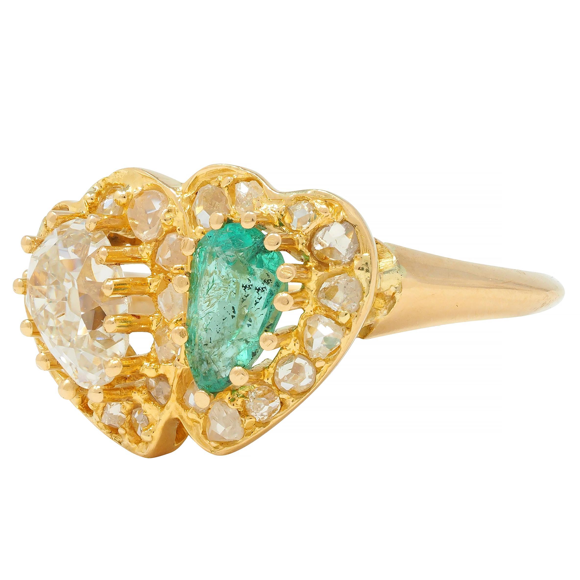 Vintage 1.63 CTW Emerald Diamond 18 Karat Yellow Gold Toi Et Moi Heart Ring 1