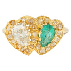 Vintage 1.63 CTW Emerald Diamond 18 Karat Yellow Gold Toi Et Moi Heart Ring
