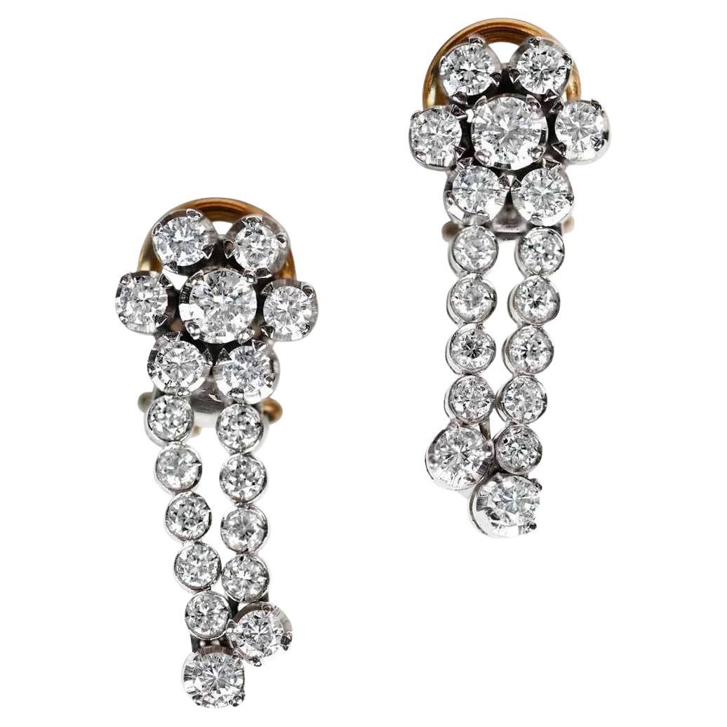 Vintage 1.63ct Transitional Cut Diamond Drop Earrings, 18k White & Yellow Gold  For Sale